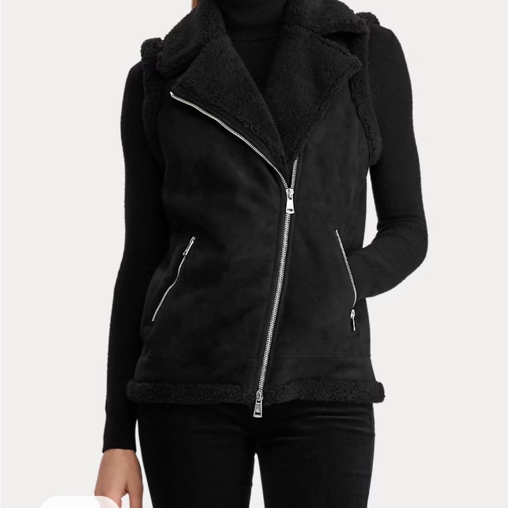 Lauren Ralph Lauren Black Shearling Moto Vest with Silver Chain Detail - Picture 2 of 12